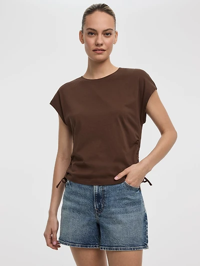 Extended-Sleeve Shirred Tee with Drawstrings