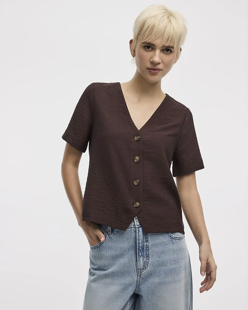 Short-Sleeve V-Neck Buttoned-Down Blouse
