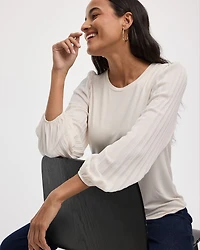 Pleated-Long-Sleeve Boat-Neck Mix-Media Top