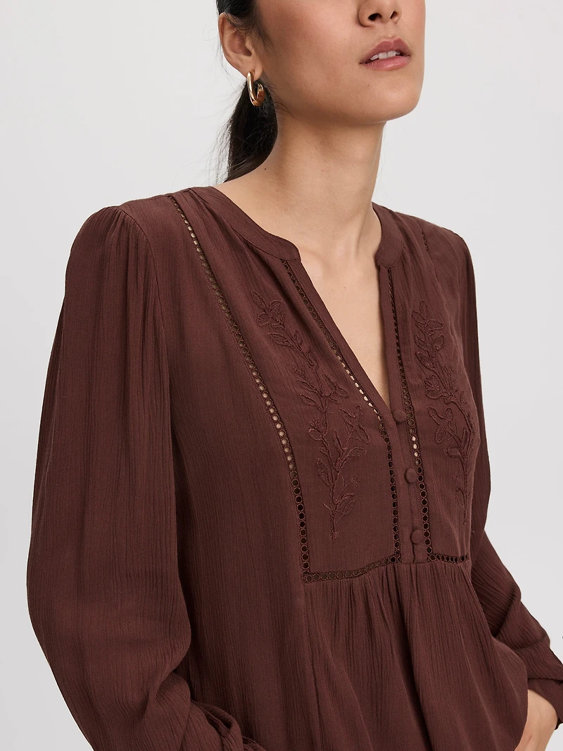Long-Sleeve Split-Neck Blouse with Embroideries