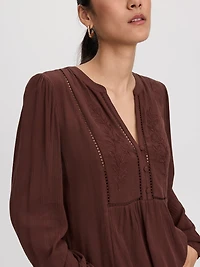 Long-Sleeve Split-Neck Blouse with Embroideries