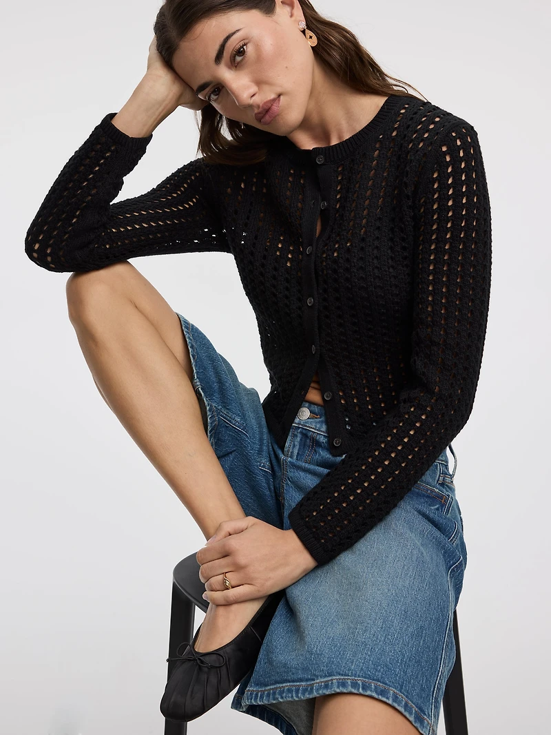 Cardigan à manches longues et col rond en mailles ajourées