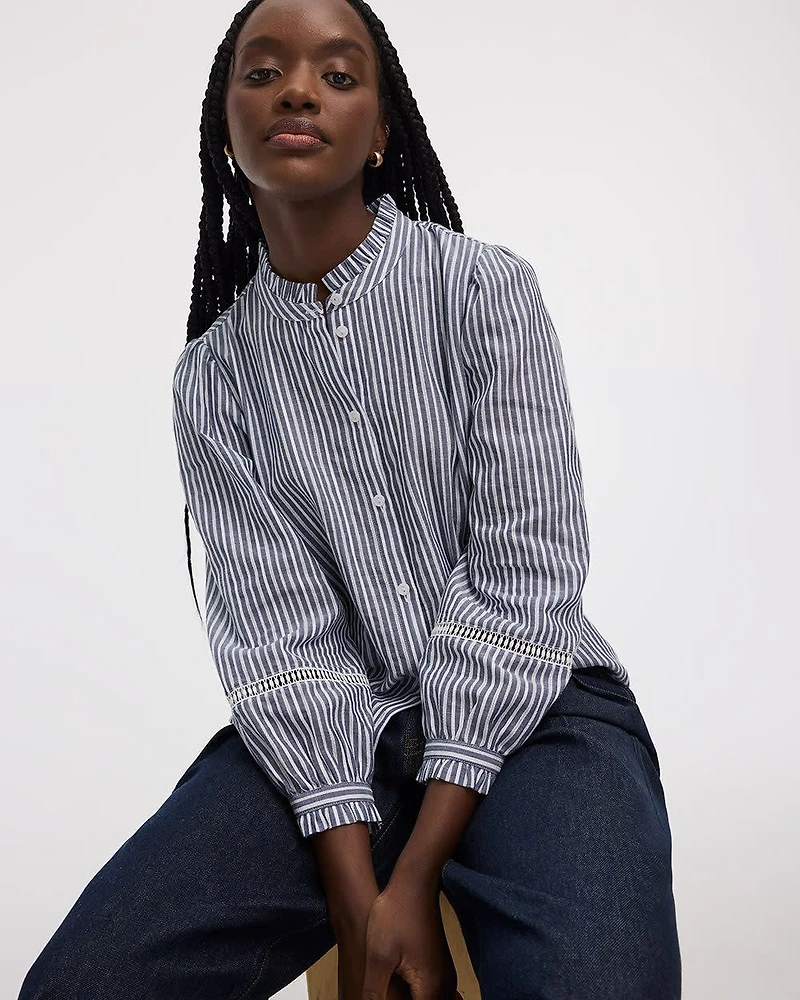 Puffy-Sleeve Mock-Neck Blouse with Embroideries