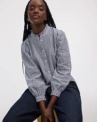 Puffy-Sleeve Mock-Neck Blouse with Embroideries