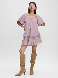 Square-Neck Mini Dress with Bubble Sleeves