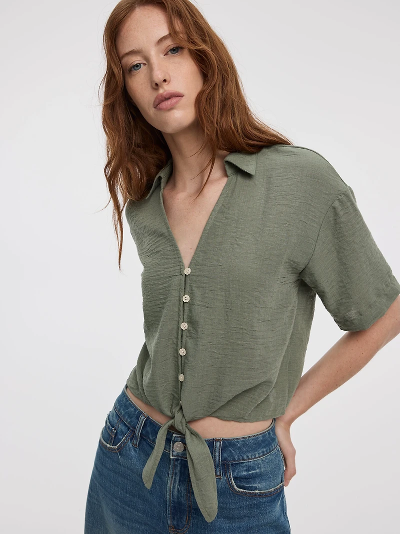 Short-Sleeve V-Neck Blouse with Self-Tie Closure