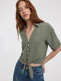Short-Sleeve V-Neck Blouse with Self-Tie Closure