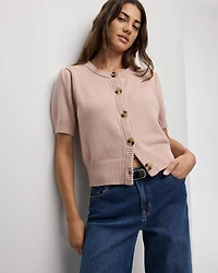 Short-Balloon-Sleeve Crew-Neck Cardigan