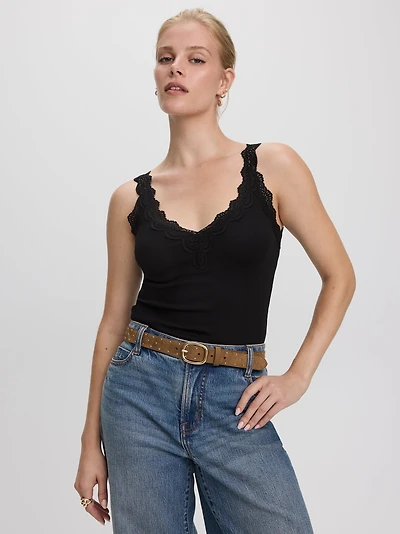 V-Neck Cami with Lace Trim