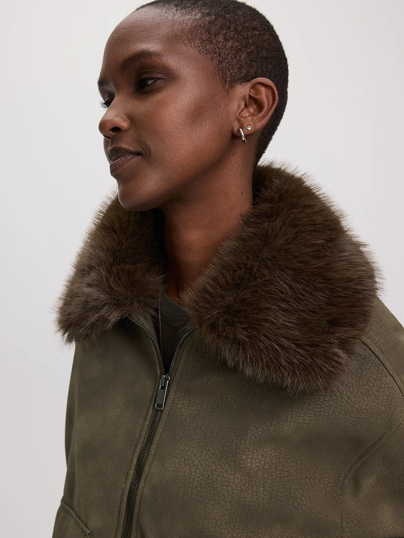 Faux Suede Bomber Jacket with Leather Collar