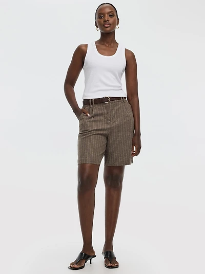 Bermuda à taille haute en mélange de lin rayé