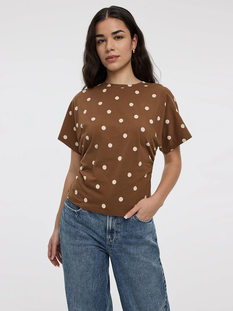 T-shirt rayé à manches courtes et col rond avec fronces latérales