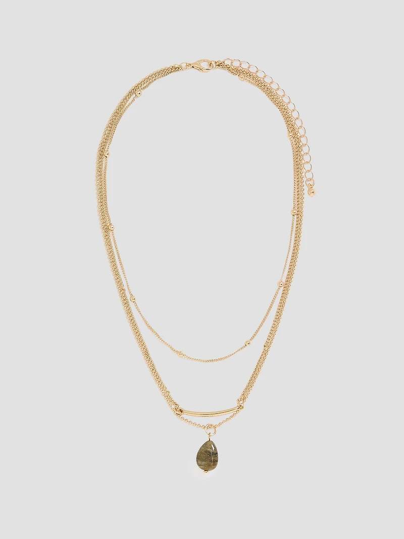 Triple-Chain Short Necklace with Stone Pendant