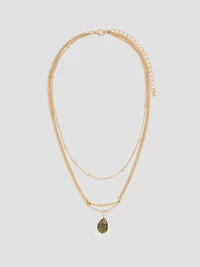 Triple-Chain Short Necklace with Stone Pendant