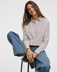Seersucker Long-Sleeve Buttoned-Down Blouse
