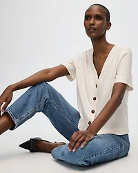 Short-Sleeve V-Neck Buttoned-Down Blouse