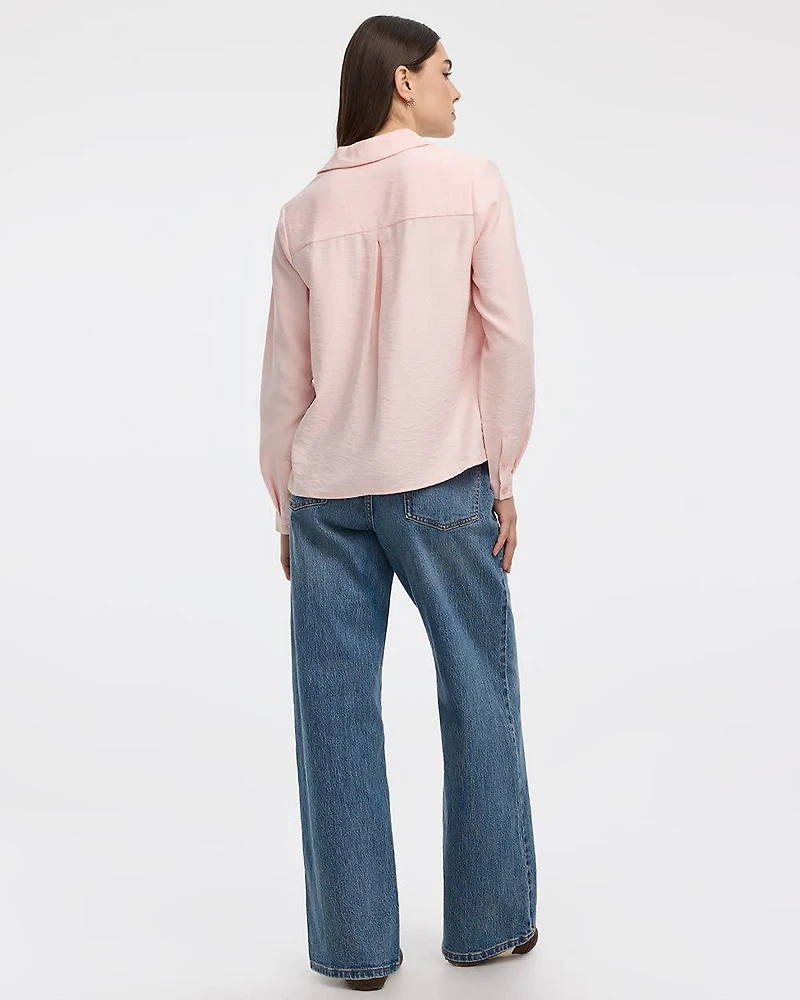 Long-Sleeve Split-Neck Blouse with Chest Pocket