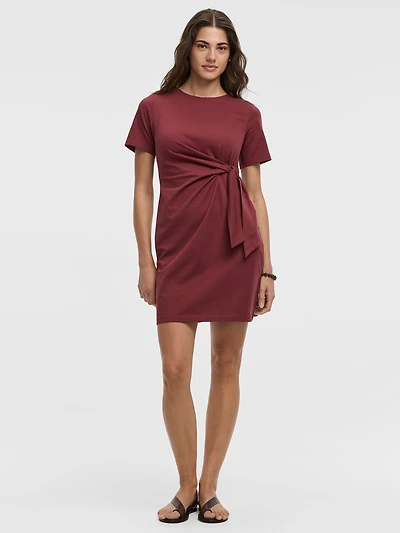 Short-Sleeve Fitted Dress with Knot Detail