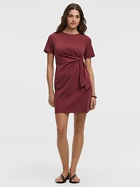 Short-Sleeve Fitted Dress with Knot Detail