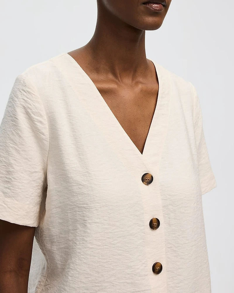 Short-Sleeve V-Neck Buttoned-Down Blouse