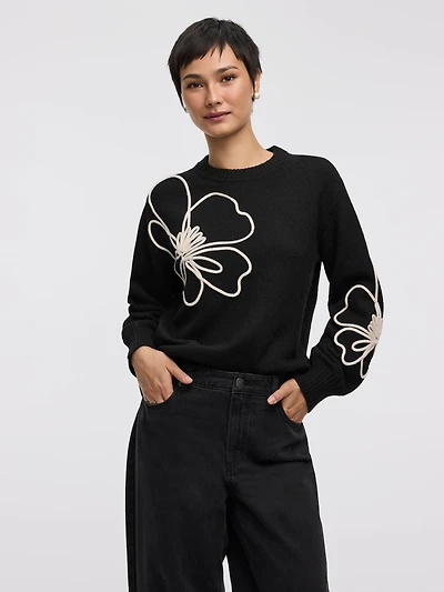 Long-Sleeve Crew-Neck Sweater with Soutache Flowers