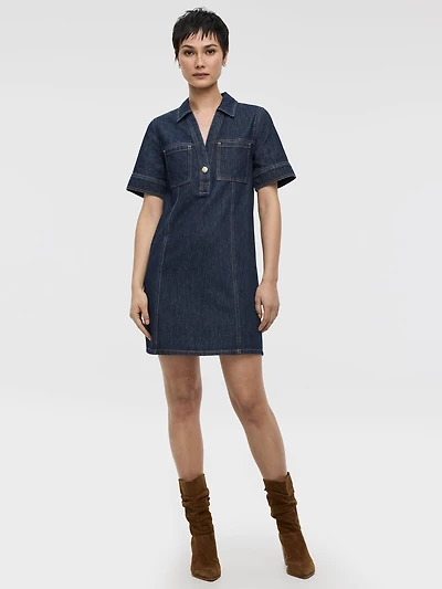 Elbow-Sleeve Shirt-Collar Mini Dress
