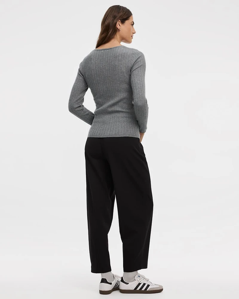 Long-Sleeve V-Neck Pullover with Wide Ribs