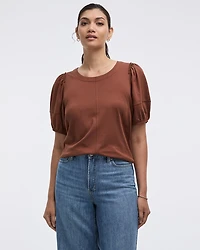 Puffy-Elbow-Sleeve Crew-Neck Top