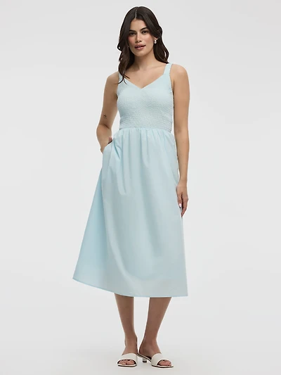 Robe midi sans manches avec haut en nid d'abeille
