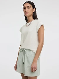 T-shirt en mélange de lin à manches très courtes et col rond