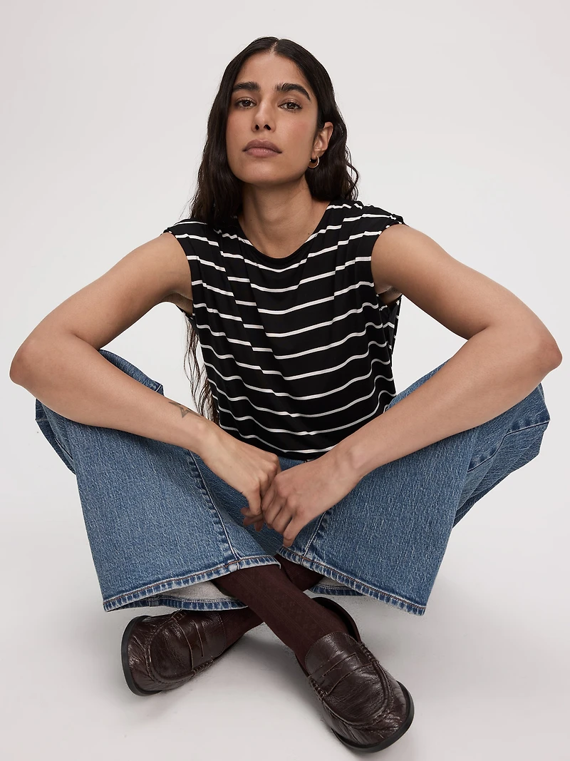 Striped Short-Dolman-Sleeve Boat-Neck T-Shirt