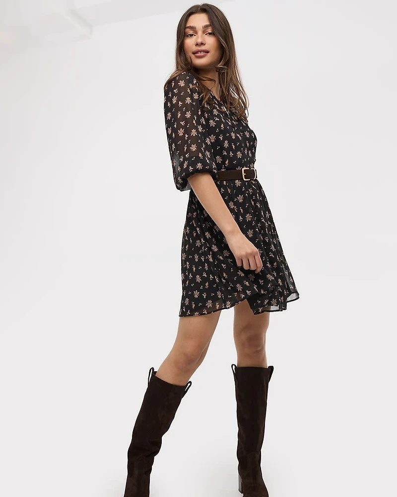 Bracelet-Sleeve Split-Neck Fit-and-Flare Dress