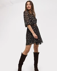 Bracelet-Sleeve Split-Neck Fit-and-Flare Dress