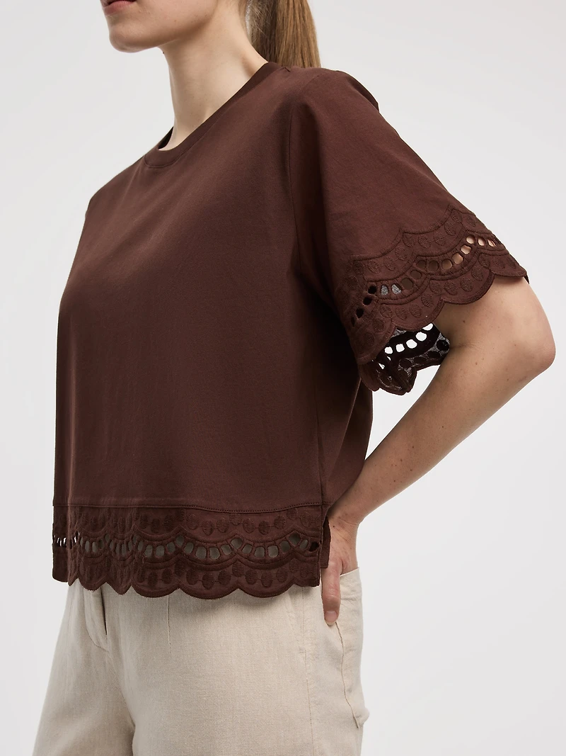 Short-Sleeve Mix-Media Top with Embroidered Trims