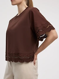 Short-Sleeve Mix-Media Top with Embroidered Trims