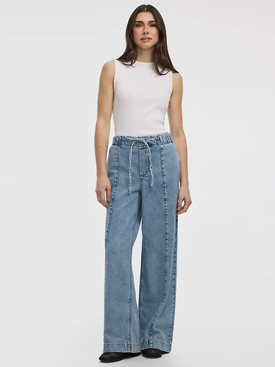 Wide-Leg Pull-On High-Rise Denim Pant