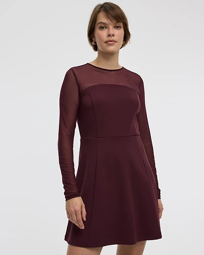 Long-Sleeve Fit-and-Flare Dress with Sheer Yoke
