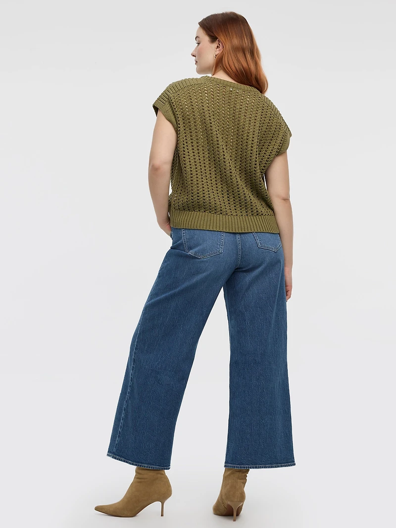 Pull à manches très courtes et col rond en mailles ajourées