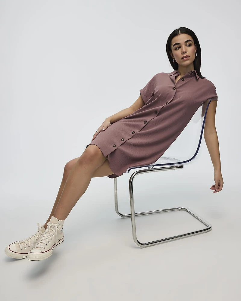 Short-Sleeve Buttoned-Down Dress with Shirt Collar