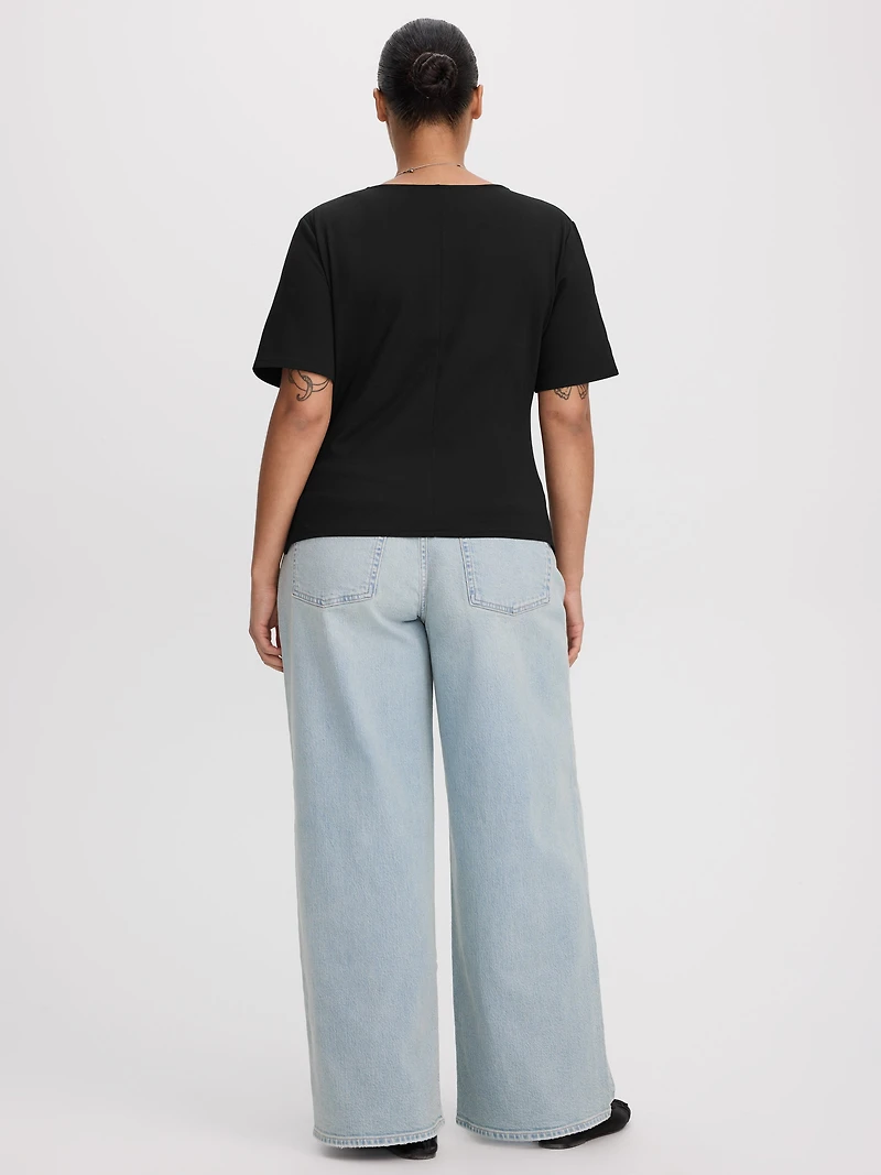 Short-Sleeve Shirred Top with Asymmetrical Hem