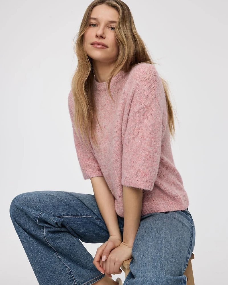 Elbow-Sleeve Crew-Neck Loose Sweater