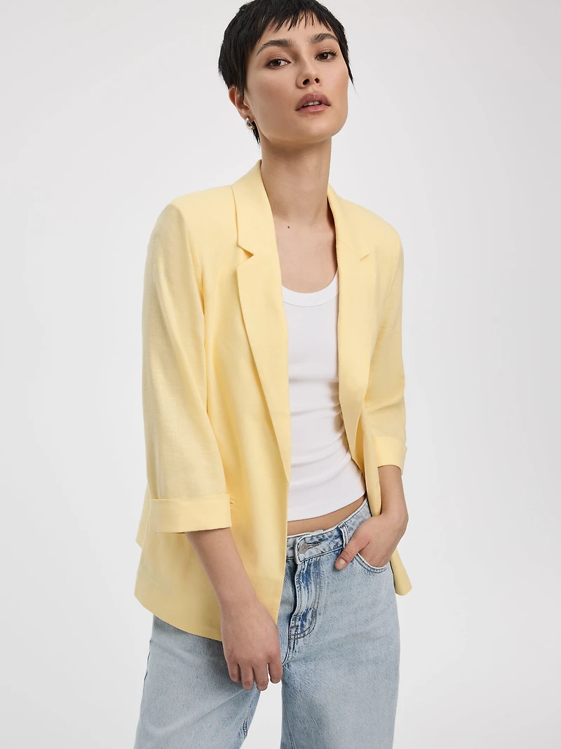Open Linen Blazer with 3/4 Sleeves