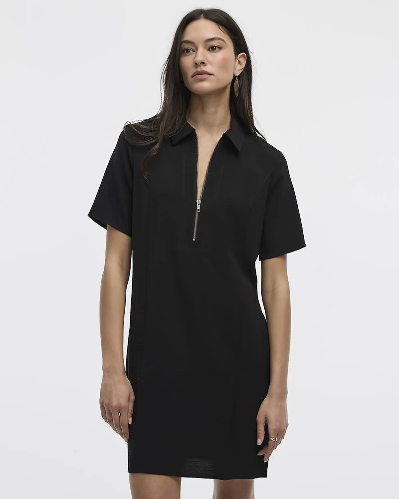 Short-Sleeve Satin Dress with Shirt Collar