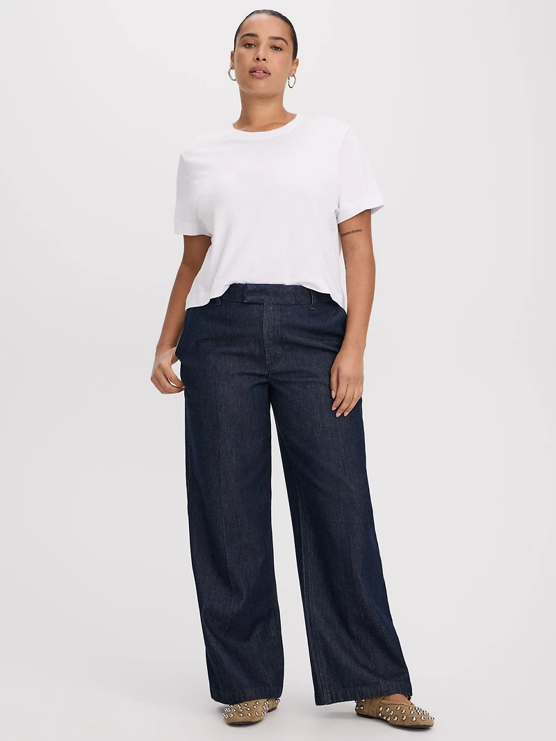 Pantalon en denim à jambe large et taille mi-haute