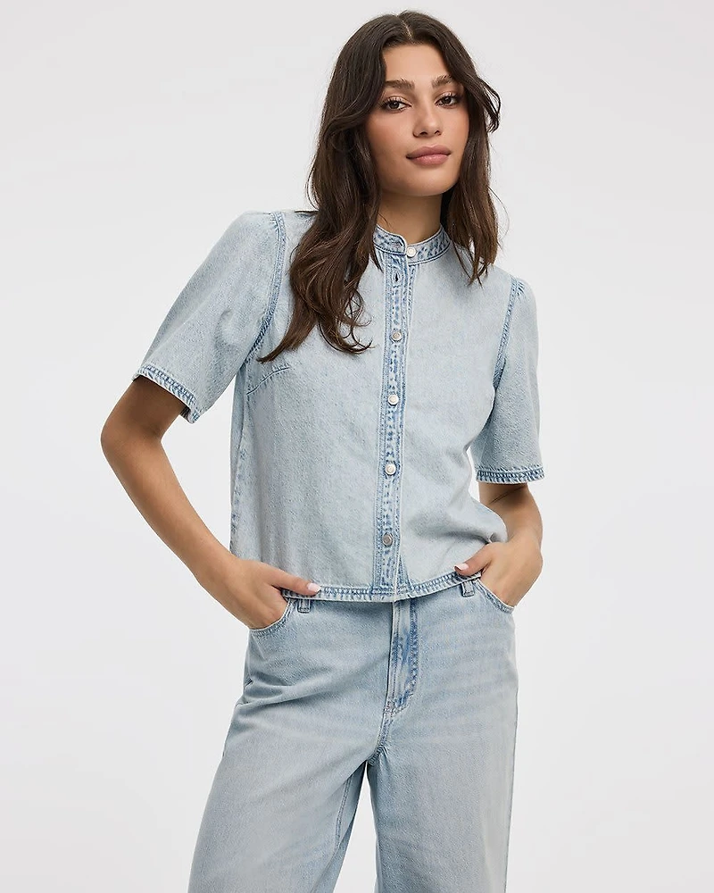 Crew-Neck Denim Shirt with Short Flutter Sleeves