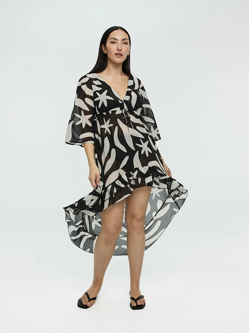Par-Dessus de Maillot Col V avec Ourlet Asymétrique
