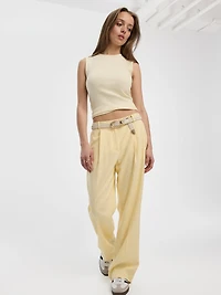 Pantalon en mélange de lin à jambe droite et taille haute