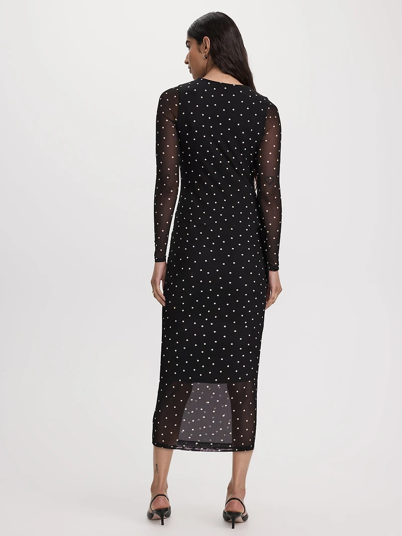 Long-Sleeve Mesh Midi Dress with Side Shirrings