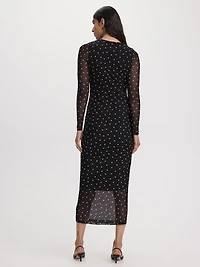Long-Sleeve Mesh Midi Dress with Side Shirrings