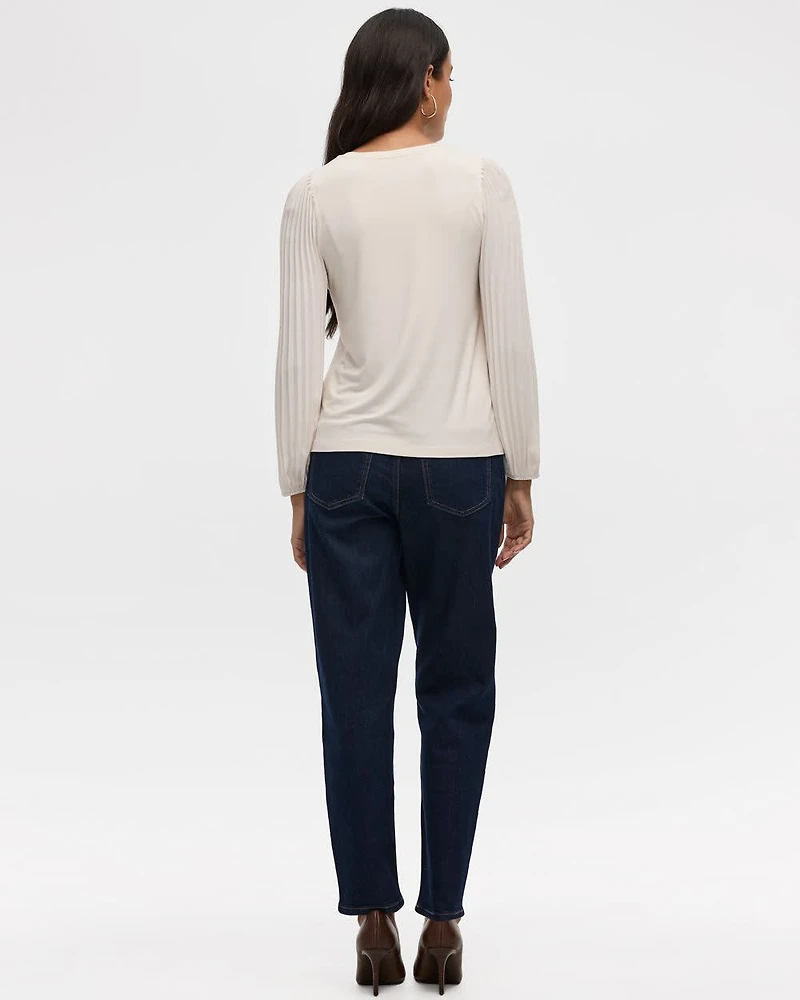 Pleated-Long-Sleeve Boat-Neck Mix-Media Top